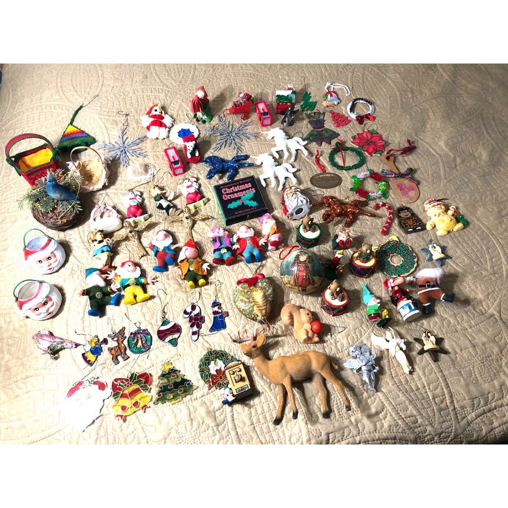 Vintage Christmas Ornaments Lot 86pc Dwarf Flocked Disney Wood Stained Glass Mix
